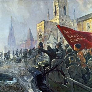 RUSSIAN REVOLUTION, 1917. Revolutionary soldiers storming down a street in Moscow, during the Russian Revolution of 1917. Painting, 1917