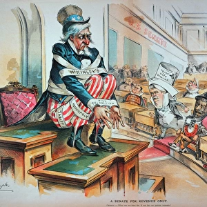 A Senate for Revenue Only. American cartoon by Louis Dalrymple, 1894, of Uncle Sam bound by the McKinley Tariff Act and a Senate of special interests