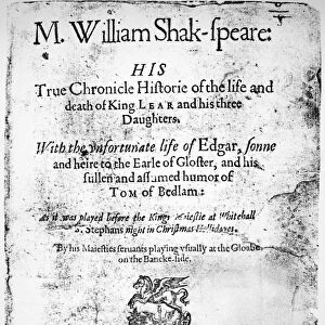 SHAKESPEARE: KING LEAR. Title page of first publication in quarto, 1608, of William
