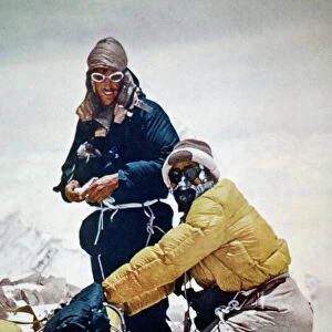 SIR EDMUND HILLARY (1919-2008). New Zealand mountaineer and explorer. Sir Edmund Hillary and Tenzing Norgay near the summit of Mount Everest, 28 May 1953