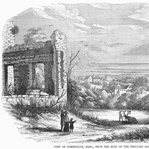SOMERVILLE, 1854. View of Somerville, Massachusetts, from the ruins of the Ursuline Convent. Wood engraving, 1854