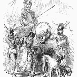 DE SOTO: NATIVE AMERICAN FAMILY, 1539. A family of Florida Native Americans captured by Hernando de Soto and his exploring party in 1539. Wood engraving, American, 19th century, after Felix O. C. Darley