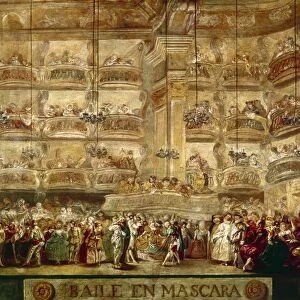 SPAIN: MASQUERADE BALL. Masquerade ball at the Teatro Principe, Madrid. Oil on canvas