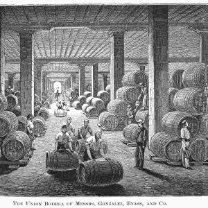 SPAIN: WINERY. The Union Bodega of Messrs. Gonzales, Byass, and Co. Winery in Jerez, Spain. 19th century engraving
