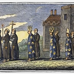 SPANISH INQUISITION. A procession of those condemned by the Inquisition in Spain. Wood engraving from an 1832 American edition of John Foxes Book of Martyrs