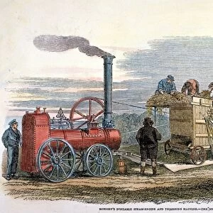 STEAM THRESHER, 1851. Hornsbys steam-driven threshing machine demonstrated in the open field at the Great London Exhibition of 1851: contemporary English engraving