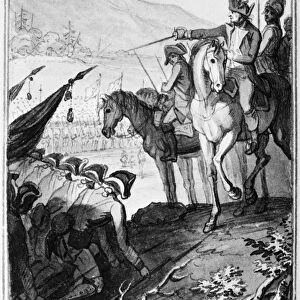 Surrender of British General John Burgoyne to General Horatio Gates at Saratoga, New York, 17 October 1777, in the Revolutionary War. Drawing, German, by Johann Heinrich Ramberg, 1784