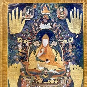 THANGKA: DALAI LAMA. Thangka of the Fifth Dalai Lama (1617-1682). Gouache on canvas, Tibet, early 18th century