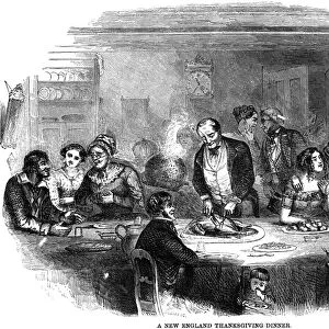 THANKSGIVING DINNER, 1850. American wood engraving, c1850