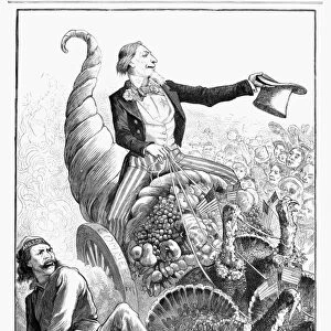 THANKSGIVING PARADE, 1887. Uncle Sam, shoving aside anarchy, rides triumphantly in a cornucopia wheeled by commerce. Cartoon, American, 1887