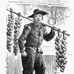 TOWN CRIER, 18th CENTURY. Buy my ropes of onyons. An 18th century London, England, crier offering onions for sale. Wood engraving, American, 19th century