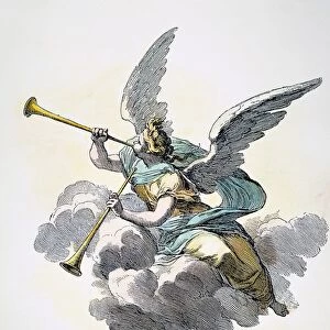 TRUMPETING ANGEL, 19th C. Wood engraving, French