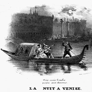 VENICE: GONDOLA. A nighttime gondola ride on the canals of Venice, Italy. Lithograph