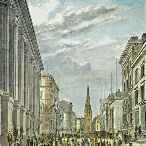 WALL STREET, NEW YORK CITY. Wall Street, New York City, looking west toward Trinity Church on Broadway: colored engraving, 1866