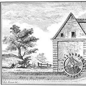 WATER-POWERED FLOUR MILL. Line engraving, French, 18th century
