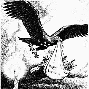 The Way of a Stork. English cartoon by Leslie Illingworth, 1941, characterizing the birth of the Lend-Lease Act as a happy event for Britain. RESTRICTED OUTSIDE US
