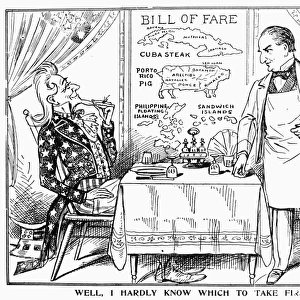Well, I Hardly Know Which To Take First! American cartoon comment, c1900, on Uncle Sams seemingly insatiable imperialist appetite, as President William McKinley, at right, waits to take the order