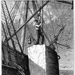 WHALING, 1874. Bailing the Case - a technique which involves draining the case part of the sperm whales head of its transparent spermaceti oil. Wood engraving, American, 1874
