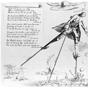 WILLIAM PITT (1708-1778). Earl of Chatham. English statesman. The Colossus. English cartoon, 1766, showing Lord Chatham playing croquet on stilts, with one leg in New York Harbor. Pitt supported the repeal of the Stamp Act