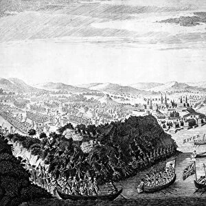 WOLFE AT QUEBEC, 1759. A view of the taking of Quebec by the English forces commanded by General James Wolfe, 13 September 1759. Line engraving, English, 1760