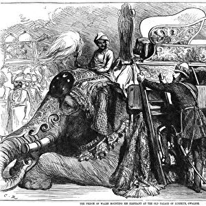WORLD HISTORY: INDIA. The Prince of Wales, later King Edward the VII, mounting his elephant at the old Palace of Lushkur, Gwalior: American wood engraving, 1876
