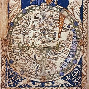 WORLD MAP, 13th CENTURY. Centered on Jerusalem, from an early 13th century English