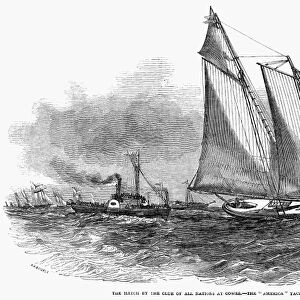 YACHTING, 1851. The match by the Club of All Nations at Cowes. - The America yacht making a start ahead. Line engraving, English
