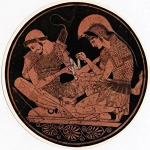 Achilles, hero of Homers epic poem Iliad, bandaging the wound of his firend Patroclus