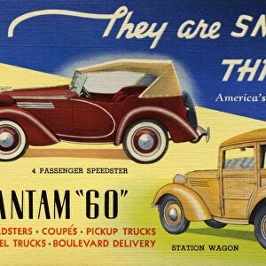 Advertisement for American Bantam Cars. ca. 1938, For Business or Pleasure. TRAVEL AT 1 / 2 CENT PER MILE. Bantam prices begin at $399 for the Standard Coupe delivered complete at the factory including full equipment and Federal Taxes. The American Bantam Car Company, BUTLER, PA