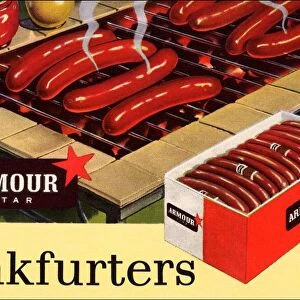 Advertisement for Armour Hot Dogs. ca. 1946, Original caption: On the front of this card you will note a full color reproduction of one of our current frankfurter wall posters. The art work and designs for this poster were done by one of Americas leading artists, the printing by a plant recognized as one of the best in its field. This poster measures approximately 65 x43. It is an effective means for stimulating additional sales and interest on the part of your customers. If you would like to have one of these posters installed over your Meat Department in your store without obligation on your part write to: Merchandising Department, ARMOUR and Company. U. S. YARDS, CHICAGO 9, ILLINOIS