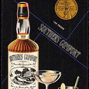 Advertisement for Liquor. ca. 1936, An Old Drink That Is Different and will please your guests SOUTHERN COMFORT adds a certain something to the ordinary Manhattan Cocktail. Follow this recipe for thejaSOUTHERN COMFORT MANHATTAN One-half SOUTHERN COMFORT, One-half Italian Vermouth 1 dash bitters, Stir with large cube of ice, strain and serve with a cherry. Southern Comfort is a 100-Proof liquor available at bars and package stores. Please advise us if your dealer is unable to supply you