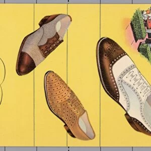 Advertisement for Mens Shoes. ca. 1936, from the CROSBY SQUARE Shoe Wardrobe for Spectator Sports, Town and Business. THREE SELECTIONS from the Town and Spectator Sports group in the Crosby Square shoe wardrobe for Spring and Summer occasions. In addition to your all-white shoes which are a In addition to your all-white shoes which are a must for slightly formal occasions, you need one of these combination shoes, part-white or part-fabric. Its great to have an extra pair, too, air-conditioned with perforations for hot days. We have them all, in faithful Crosby Square reproductions from the work of the worlds famous custom bootmakers