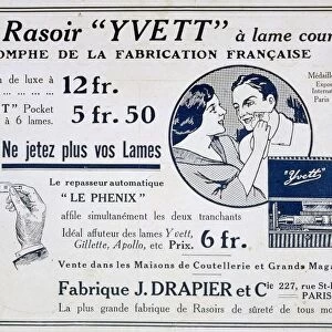Advertisement for the Yvett pocket razor and a strop for sharpening razors. From