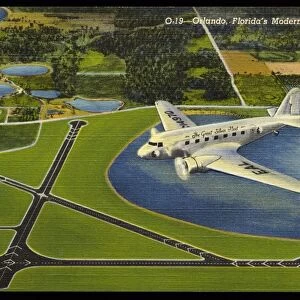 Airliner Above Municipal Airport. ca. 1939, Orlando, Florida, USA, O-19-Orlando, Floridas Modern Airport. Orlando Municipal Airport is the airline terminal of Central Florida and a favorite rendezvous of private flyers. Every modern aviation facility is available to the air traveler. The port is 200 acres in area