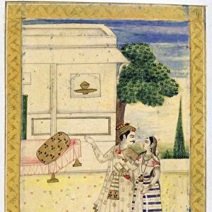 Album of Ragamala. A prince leads a young woman towards a divan. 19th century Indian miniature