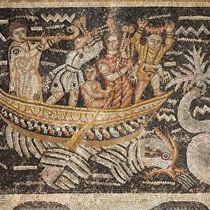 Algeria, Djemila, Detail of boat and musicians in mosaic work depicting Venus at her toilet