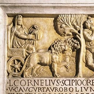 Altar dedicated to Cybele and Attis, Relief portraying Cybele on wagon pulled by lions and Attis leaning on sacred pine