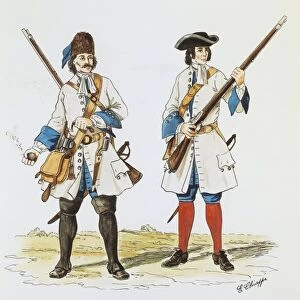 Army of Duke of Savoy, grenadier and rifleman of Royal Monferrato infantry, color engraving by E. Chioppa, 1706