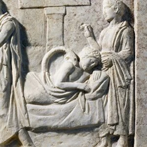 Attica, Oropos, Temple of Amphiaraos, Votive marble relief depicting Amphiaraus healing Archinus shoulder
