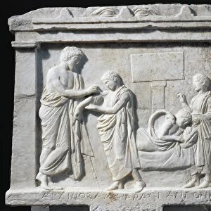 Attica, Oropos, Temple of Amphiaraos, Votive marble relief depicting Amphiaraus healing Archinus shoulder