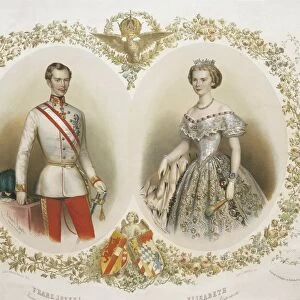 Austria, Vienna, Portrait of Emperor Francis Joseph I of Austria (1830-1916) and his wife Elisabeth von Wittelsbach known as Princess Sissi (1837 - 1898), engraving
