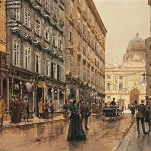 Austria, Vienna, watercolor painting of corner of Volkmarkt