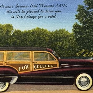 Automobile for Fox College. ca. 1948, Chicago, Illinois, USA, DAY and EVENING Fox College. A Professional School of Secretarial Sciences Training Executive Assistants. STewart 3-6780. Co-Educational 79th & Halsted CHICAGO. No Solicitors employed