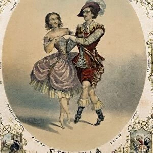The ballet dancers, Marie Taglioni (1804 - 1884) and Charles Muller performing La Satanella (also known as Le Diable Amoureux or Love and Hell), color engraving