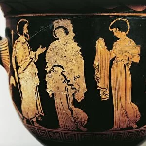 Bell krater by Dolon Painter, with scene from Euripides play Medea: Medea gives mantle to Creusa, from Lucania, Italy