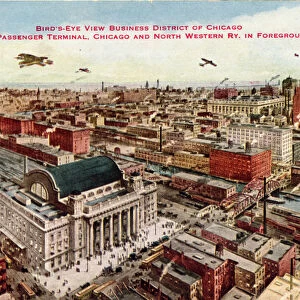 Birds Eye View of Business District of Chicago, New Passenger Terminal, Chicago and North Western RY, in Foreground