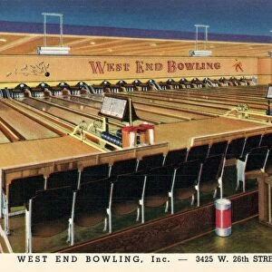 Bowling Alley. ca. 1941, Chicago, Illinois, USA, WEST END BOWLING, Inc. --3425 W. 26th STREET--CHICAGO. 18 Streamlined Alleys. Completely Air Conditioned. Phone: ROCkwell 6500