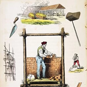 Bricklayer working on wooden scaffold. Top: Brickyard. Right: Miixing mortar. Hand-coloured