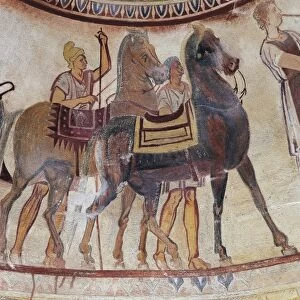 Bulgaria, Kazanlak, Tomb of Thracian prince, Detail of fresco with horses and grooms