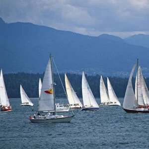 Canada, Pacific Northwest, British Columbia, Vancouver, sailboats participating in regatta held on waters of Burrard Inlet